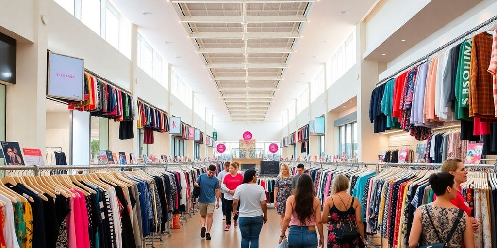 Scène de shopping dans un outlet avec des vêtements colorés.