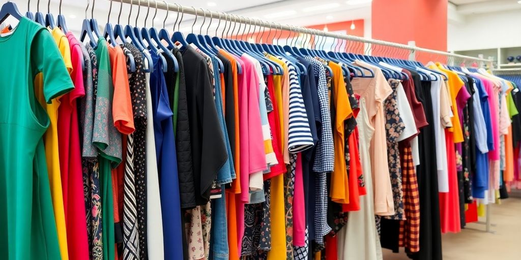 Vêtements colorés sur des cintres dans un magasin.