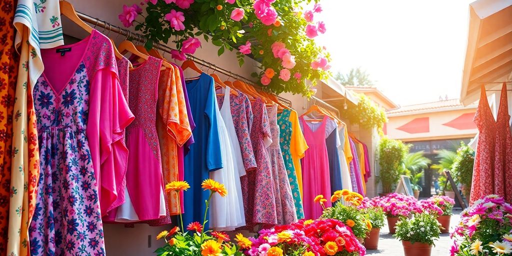 Vêtements colorés en été avec des fleurs et du soleil.