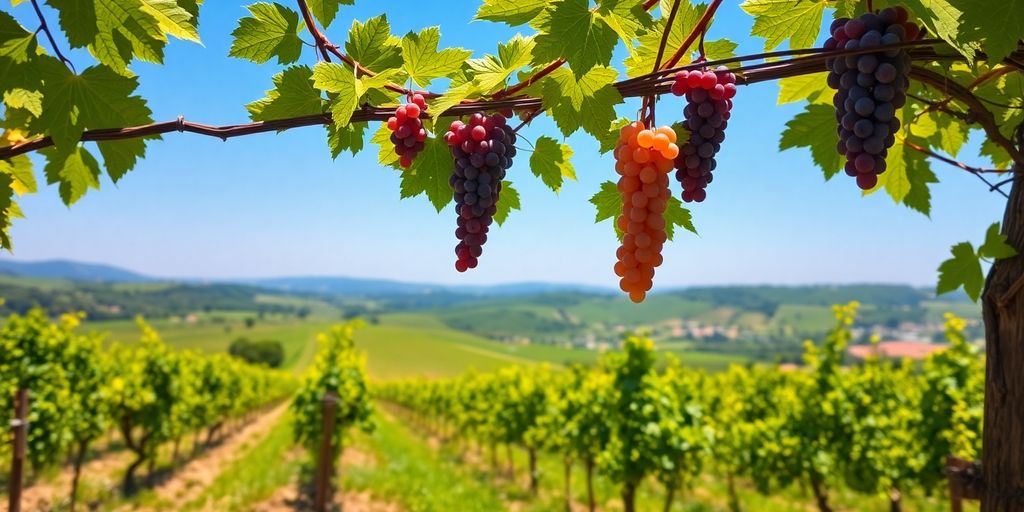 Vignoble verdoyant avec raisins mûrs sous un ciel bleu.