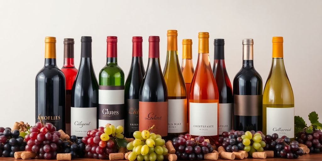 Bouteilles de vin colorées sur une table en bois.