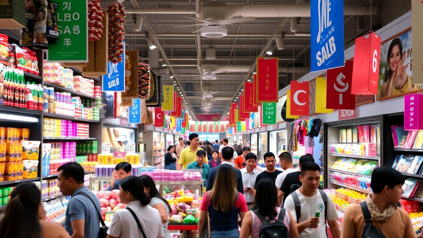 Scène de shopping animée avec produits colorés.