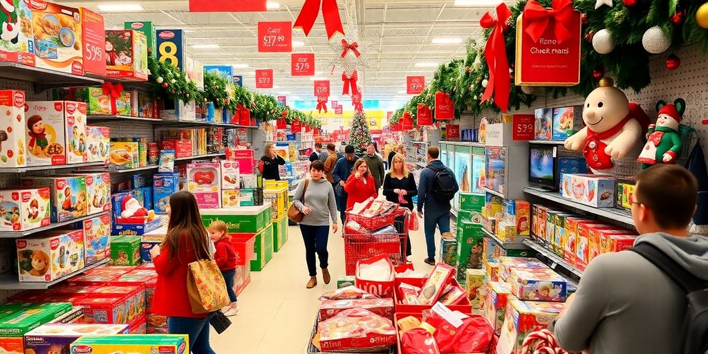 Scène de shopping avec des cadeaux de Noël en promotion.