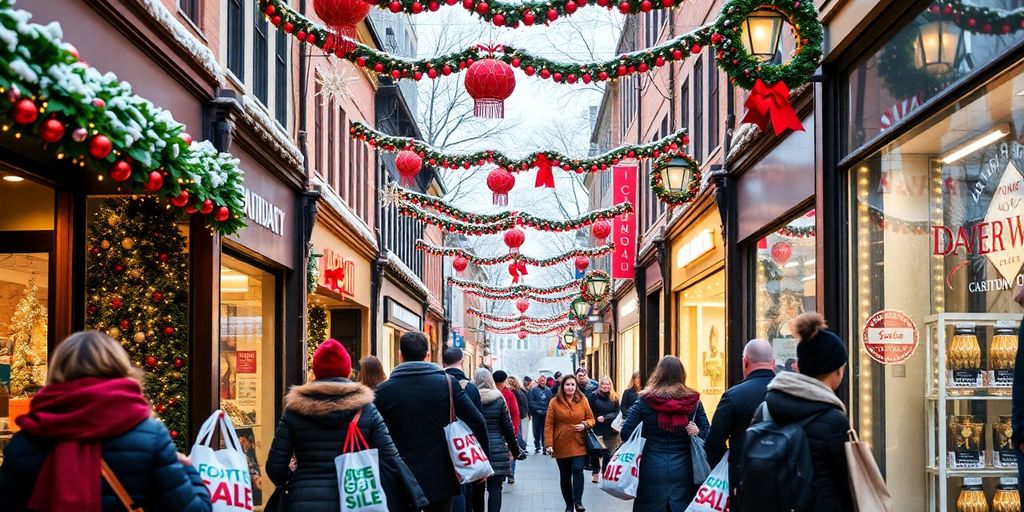 Rue animée avec des décorations de soldes d'hiver.