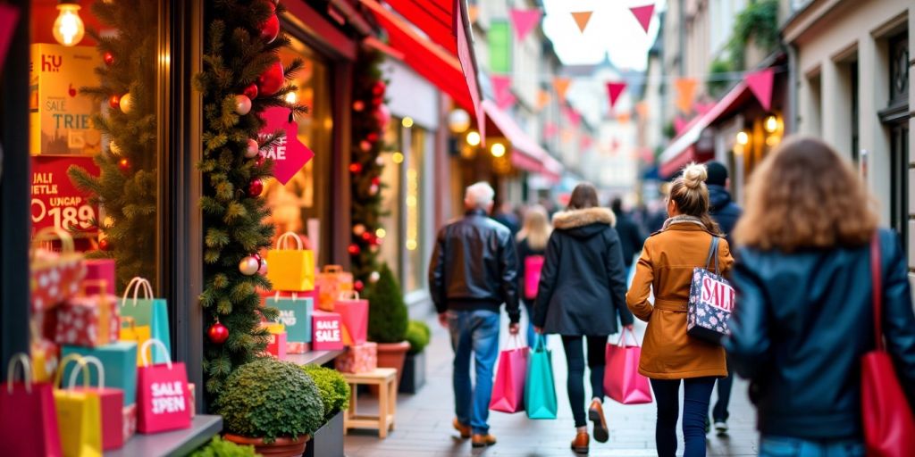 Scène de shopping avec des articles en solde colorés.