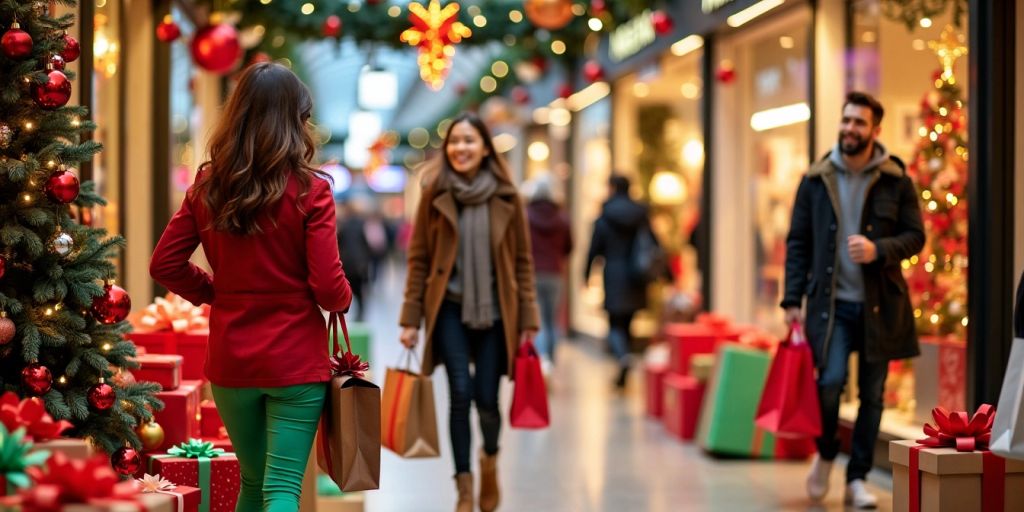 Scène de shopping de Noël avec des cadeaux colorés.