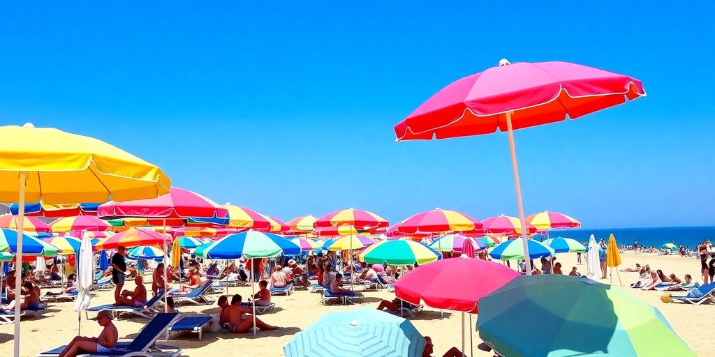 Plage animée avec parasols colorés et baigneurs.