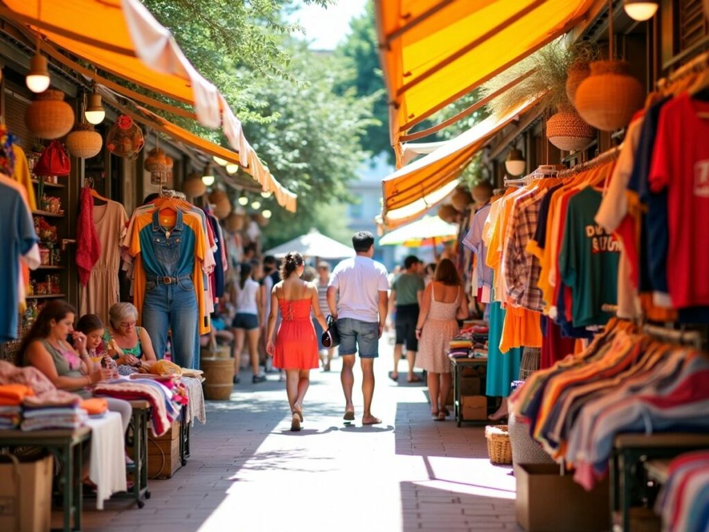 Scène estivale avec des vêtements colorés et des acheteurs.