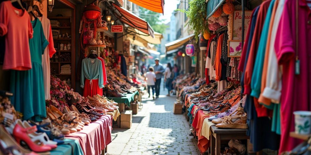 Scène de marché avec vêtements colorés et accessoires.