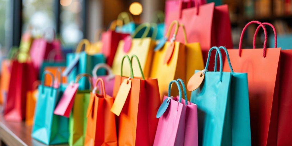 Des sacs de shopping colorés avec des étiquettes de soldes.