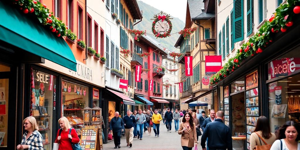 Scène de rue animée avec des acheteurs en Suisse.