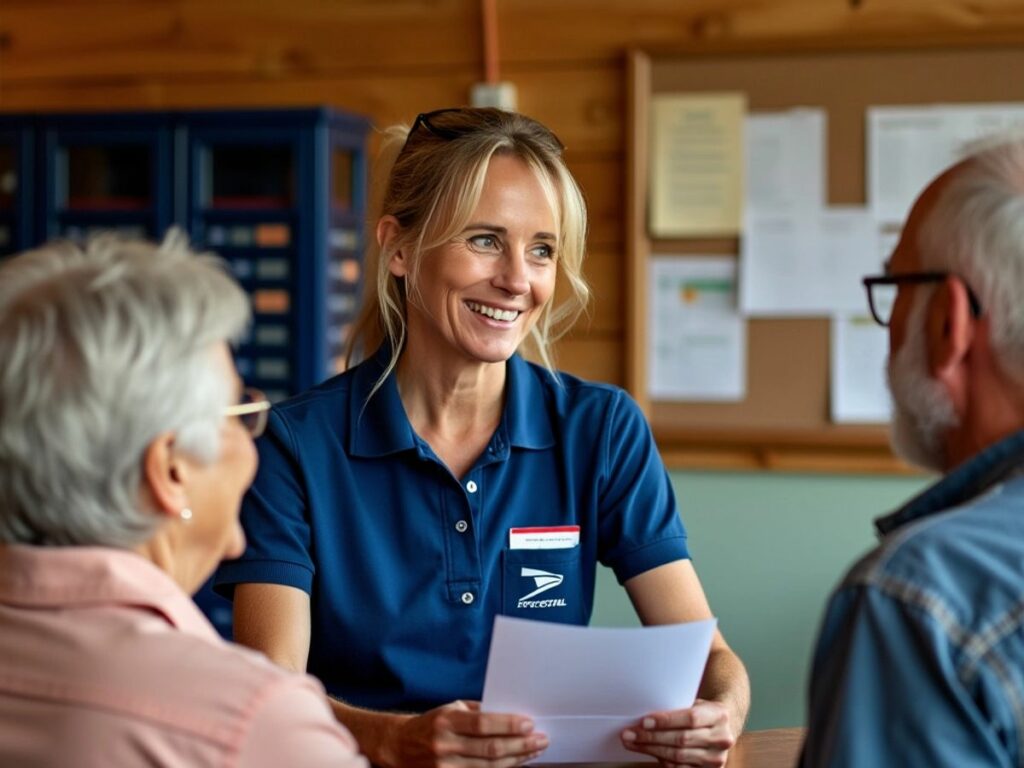 Un bureau de poste communautaire avec un employé et des clients.