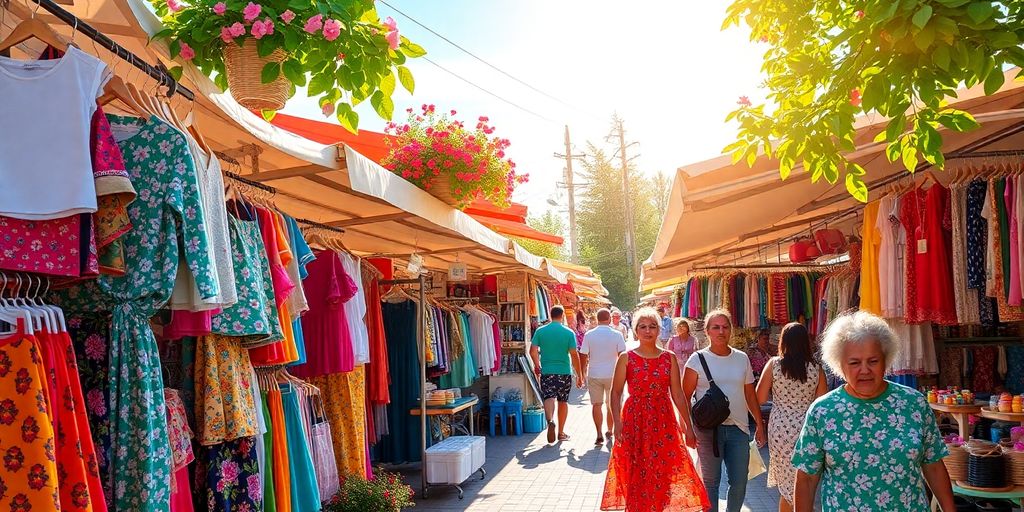 Vêtements colorés en été dans un marché animé.