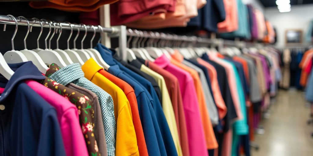 Vitrine de vêtements colorés sur cintres.