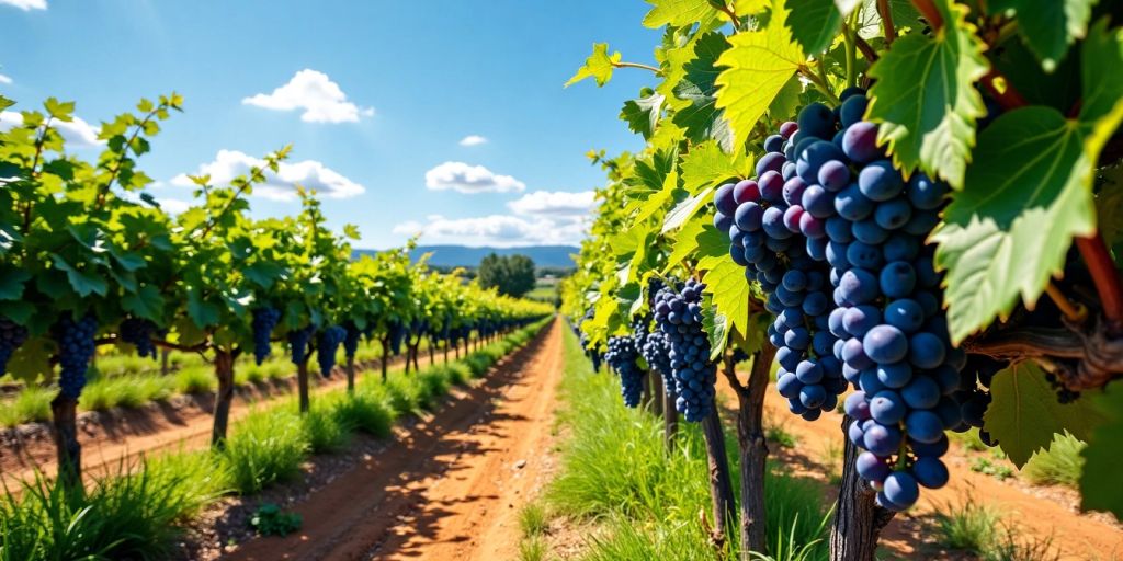 Vignoble avec raisins mûrs et ciel bleu.