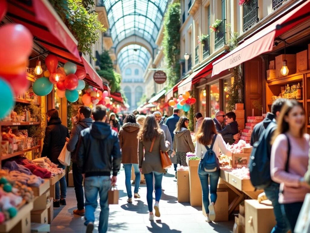 Scène de shopping animée avec des produits colorés.