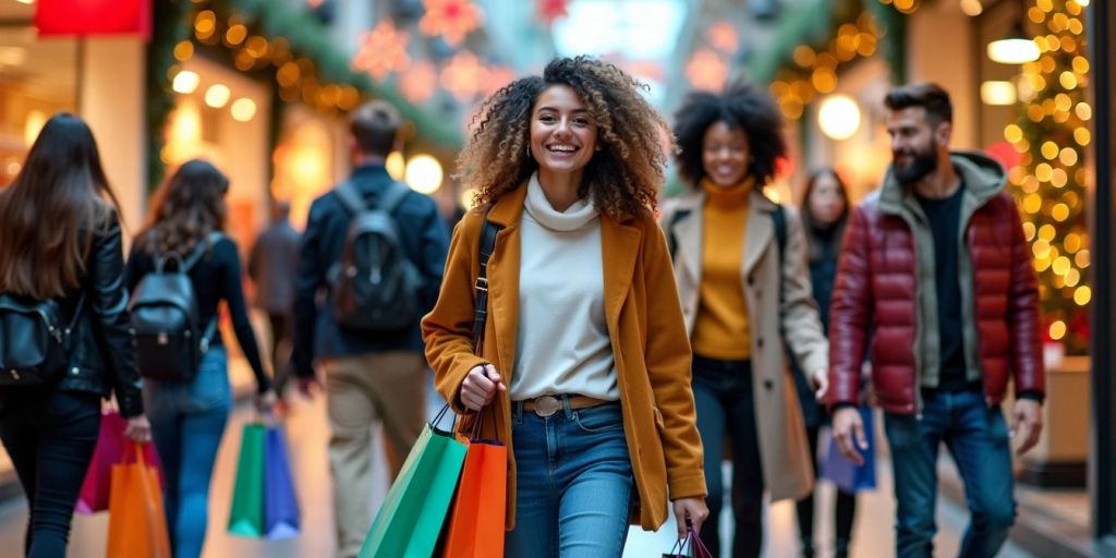 Scène de shopping animée avec des personnes et des sacs.