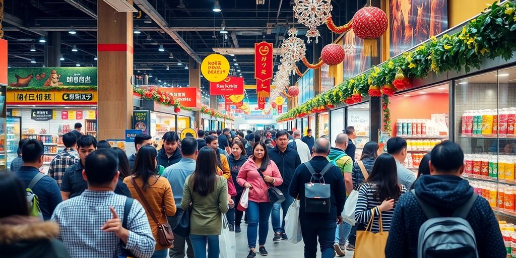 Scène de shopping animée avec des gens et des sacs.