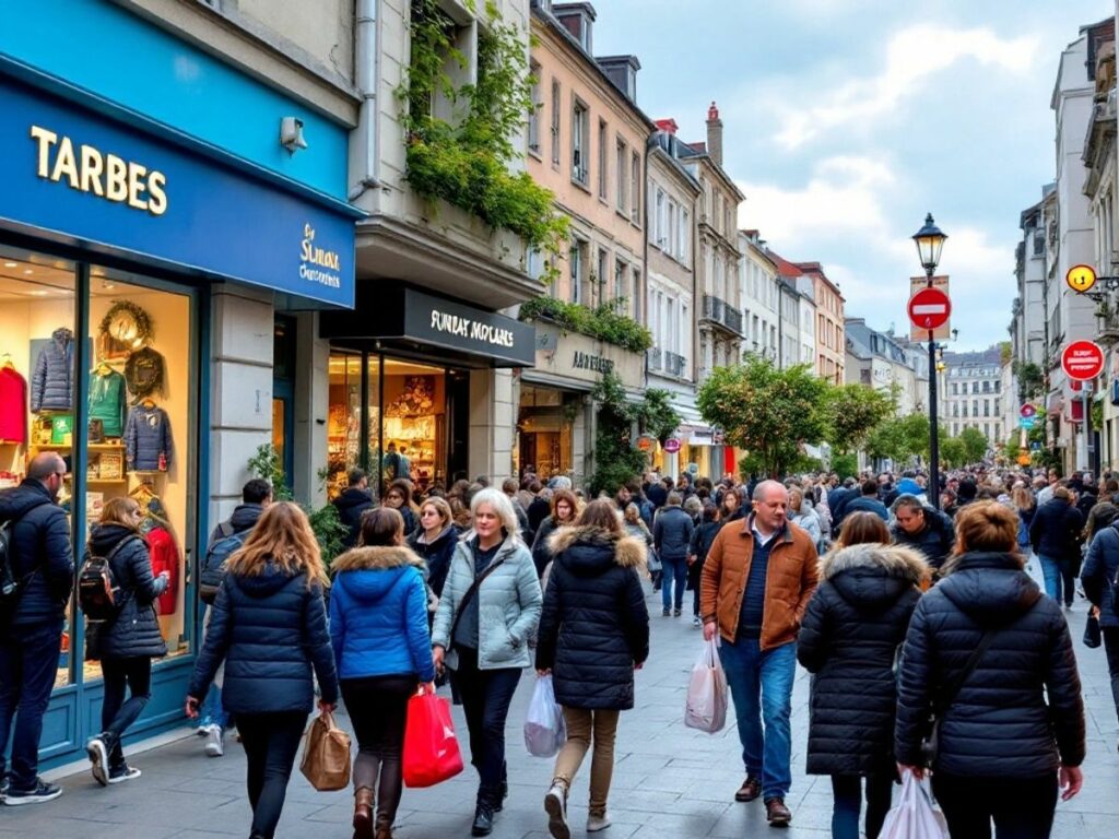 Rue commerçante animée à Tarbes avec des acheteurs.