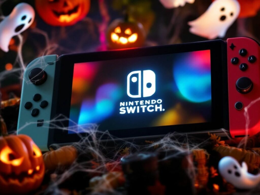 Console Nintendo Switch entourée de décorations d'Halloween.