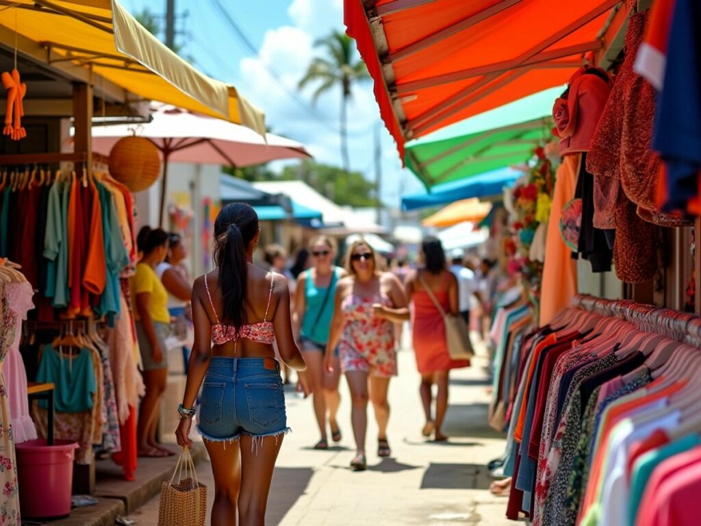 Scène de marché en Guadeloupe avec vêtements colorés.