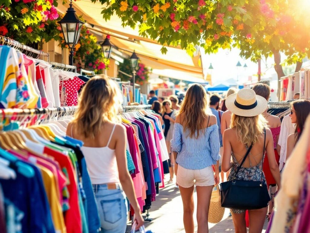 Scène de soldes d'été en France avec vêtements colorés.