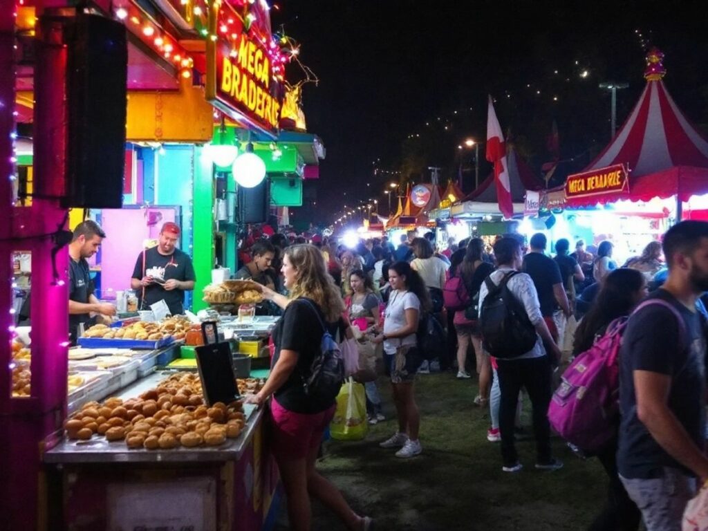 Scène de la Méga Braderie avec pâtisseries et musique.