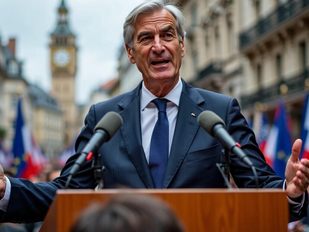 Michel Barnier au podium avec des drapeaux en arrière-plan.