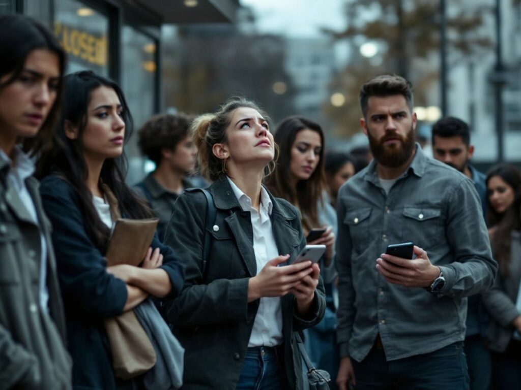 Groupe d'employés frustrés devant un bâtiment fermé.