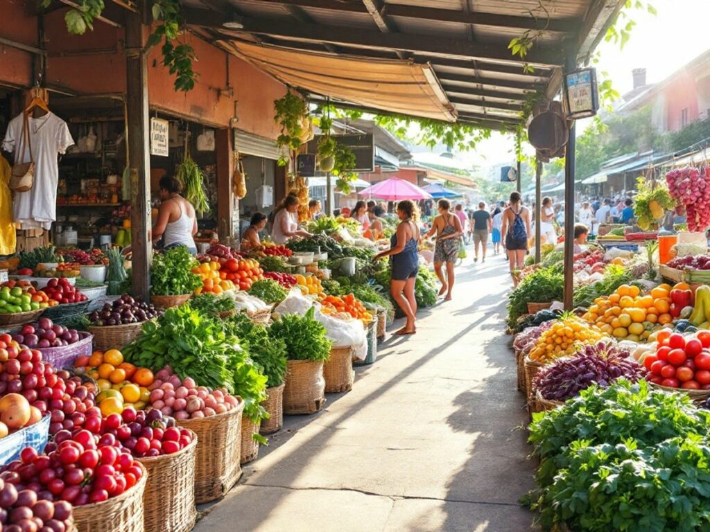 Marché local avec des produits frais et des vendeurs.