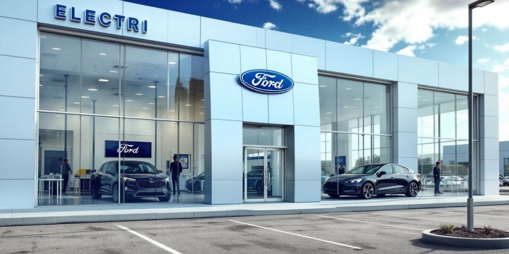 Concessionnaire Ford vide avec peu de voitures exposées.