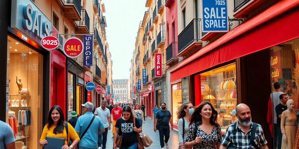 Scène animée de magasins pendant les soldes de 2025.