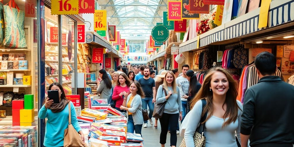 Scène de marché animée pendant les soldes en Espagne.