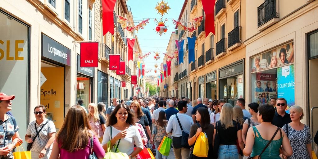 Scène de rue en Espagne pendant les soldes.