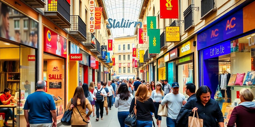 Scène de shopping en Espagne pendant les soldes 2026.